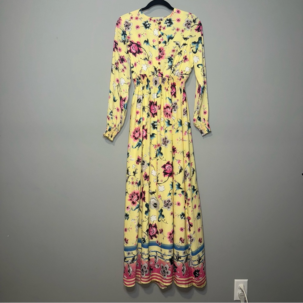 Bagiza Yellow Floral Long Sleeve Maxi Dress Smocked‎ Waist Boho Turkish Sz 38